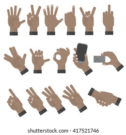 Swarthy hands gesturing set on white background. Shaka, holding a phone, card, handshaking, peace and victory pointing, rock, vulcan salute gesturing. Counting. Swarthy or african american.