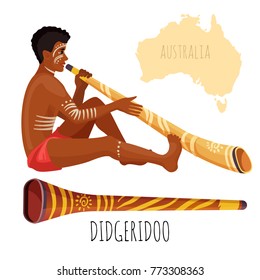 Swarthy man with white paint on face plays didgeridoo