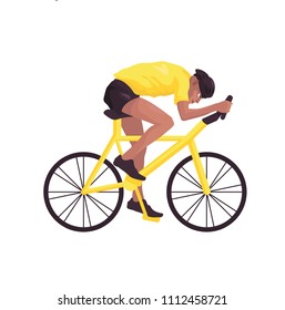 A swarthy man in yellow sportswear on a yellow bicycle