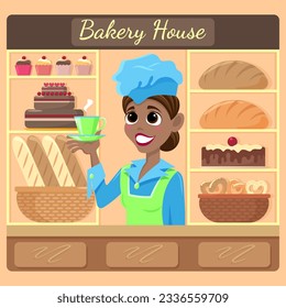 Swarthy smiling girl baker at the counter of a bakery with a cup of coffee or tea in her hand