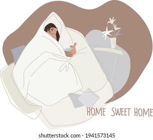 A swarthy young girl with a cup in her hand wrapped herself in a large light blanket. Home Sweet Home. Vector flat illustration