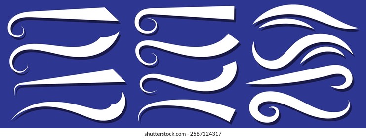 Swash and swoosh. Curly swish tails and sporty plume swirl logo vector elements. Swishes, Swooshes, and Swashes for Typography.