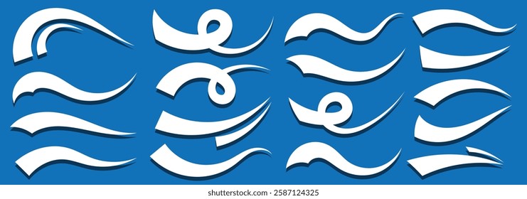 Swash and swoosh. Curly swish tails and sporty plume swirl logo vector elements. Swishes, Swooshes, and Swashes for Typography.