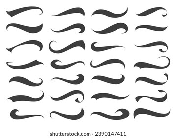 Swash and swoosh tails set. Plume swirl logo elements for retro banners designs isolated, vintage curly scribble text decorations accents vector illustration