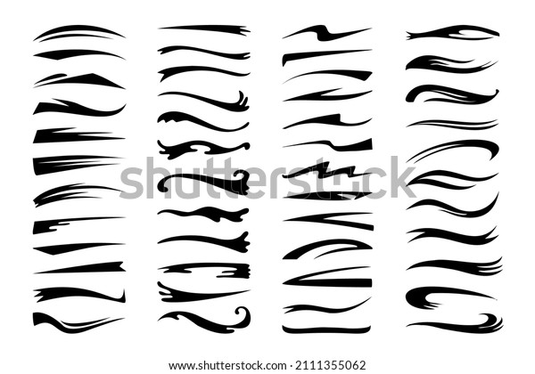 Swash\
tale. Underline swoosh divider. Decorative calligraphic swirl\
strokes. Black silhouette border elements. Ink or pen flourish.\
Abstract stripes. Vector marker squiggle shapes\
set