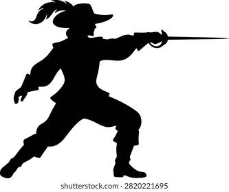 Swashbuckler, rapier, sword, hat, cape, fighting pose.