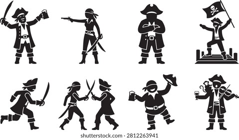 Swashbuckling pirate characters with swords and maps