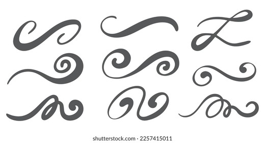 Swashes swoops and swishes calligraphy signs. Underlines hand drawn strokes. Vector symbols set