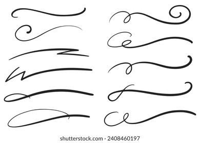 Swashes swoops and swishes calligraphy signs. Underlines hand drawn strokes. Vector symbols set