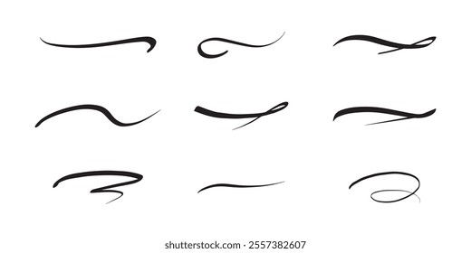 Swashes swoops and swishes calligraphy signs. Underlines hand drawn strokes. Vector symbols set