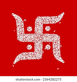 Swastik Holy symbol of the Hindu religion made with a white rice vector illustration or red background.