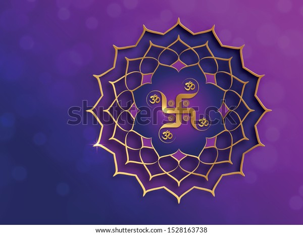 Swastika indian symbol illustration with Om sacred\
symbol in gold with color background for banner, web, poster,\
(translate : Ohm)