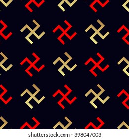 Swastika seamless pattern. Rotating cross, an ancient religious symbol of the sun, good luck, prosperity. Swastika symbol in Hinduism, Buddhism and Jainism
