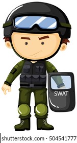 Hombre de SWAT en la ilustración de traje de seguridad verde