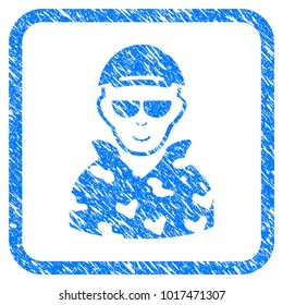 Swat Soldier rubber seal stamp imitation. Icon vector symbol with grunge design and corrosion texture in rounded square frame. Scratched blue sticker. Person face has gladness sentiment.