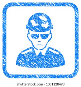 Swat Soldier rubber seal stamp imitation. Icon vector symbol with grunge design and dirty texture in rounded squared frame. Scratched blue sign on a white background.