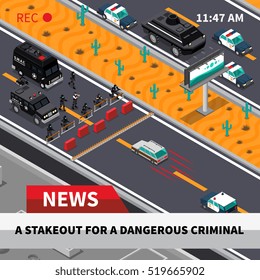 Swat special weapon and tactics unit confrontation with dangerous criminals tv news isometric composition screenshot vector illustration 