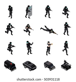 Swat Special Weapons And Tactics Law Enforcement Units Ammunition And Military Equipment Isometric Icons Collection Isolated Vector Illustration 