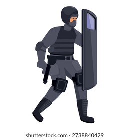 Swat team member walking forward, equipped with protective gear, holding a riot shield and a pistol