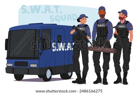 Swat Team Standing Next To Their Armored Vehicle, Ready For Action. Squad Members Are Equipped With Tactical Gear And Weapons, Reflecting Teamwork, Readiness, And Law Enforcement Professionalism
