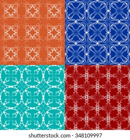 Swatch collection, set of elegant white geometric patterned tiles. Classic background in art deco style in orange, blue, turquoise and dark red. 