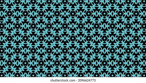 Swatch geometric pattern for a fabric print. Dots and star ornament shape on black background.