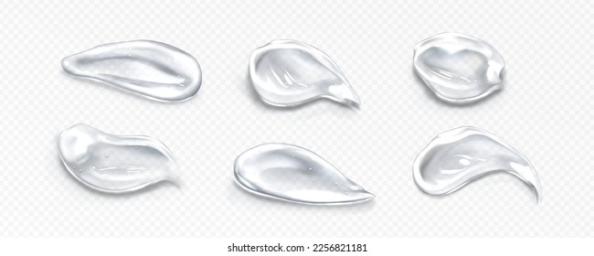 Swatches of gel, cosmetic product smears. Smudges of clear facial mask, serum, beauty fluid with bubbles isolated on transparent background, vector realistic illustration