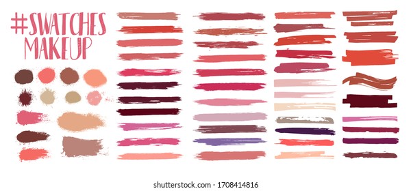 Swatches Makeup Collection. Lipstick Strokes For Color Presentation.
Beauty Cosmetic Nude Brush Stains Smear Make Up Lines Set Lipstick Swatches Texture. Isolated On White Paint Line Texture. Vector