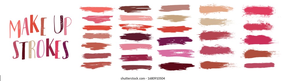 Swatches Makeup Strokes. Lipstick Strokes For Color Presentation. Set Beauty Cosmetic Nude Brush Stains Smear Make Up Lines Collection. Lipstick Swatches Texture Isolated On White Background.