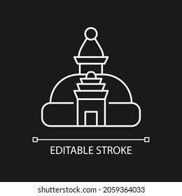 Swayambhu stupa white linear icon for dark theme. Monkey temple. Shrine with painted Buddha eyes. Thin line customizable illustration. Isolated vector contour symbol for night mode. Editable stroke