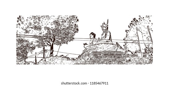 Swayambhunath is an ancient religious architecture atop a hill in the Kathmandu Valley, west of Kathmandu city. Hand drawn sketch illustration in vector.