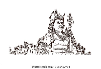 Swayambhunath is an ancient religious architecture atop a hill in the Kathmandu Valley, west of Kathmandu city. Hand drawn sketch illustration in vector.
