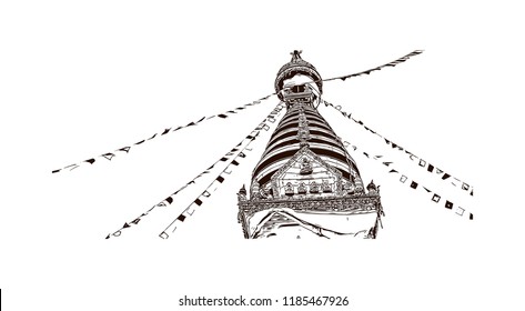 Swayambhunath is an ancient religious architecture atop a hill in the Kathmandu Valley, west of Kathmandu city. Hand drawn sketch illustration in vector.