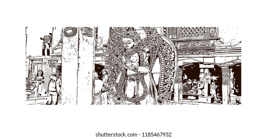 Swayambhunath is an ancient religious architecture atop a hill in the Kathmandu Valley, west of Kathmandu city. Hand drawn sketch illustration in vector.