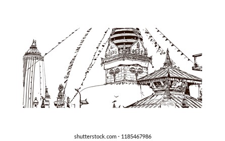 Swayambhunath is an ancient religious architecture atop a hill in the Kathmandu Valley, west of Kathmandu city. Hand drawn sketch illustration in vector.