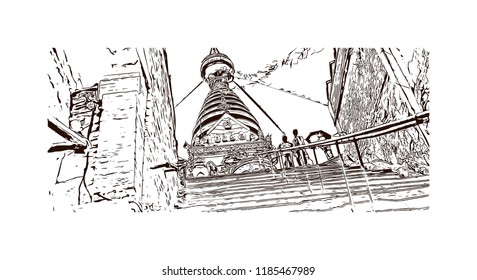 Swayambhunath is an ancient religious architecture atop a hill in the Kathmandu Valley, west of Kathmandu city. Hand drawn sketch illustration in vector.