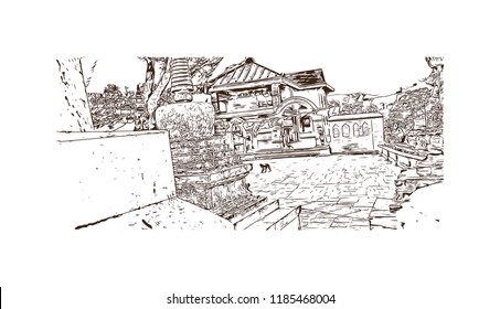 Swayambhunath is an ancient religious architecture atop a hill in the Kathmandu Valley, west of Kathmandu city. Hand drawn sketch illustration in vector.