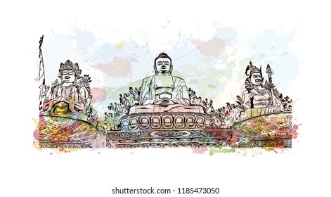 Swayambhunath is an ancient religious architecture atop a hill in the Kathmandu Valley, west of Kathmandu city. Watercolor splash with Hand drawn sketch illustration in vector.