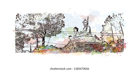Swayambhunath is an ancient religious architecture atop a hill in the Kathmandu Valley, west of Kathmandu city. Watercolor splash with Hand drawn sketch illustration in vector.