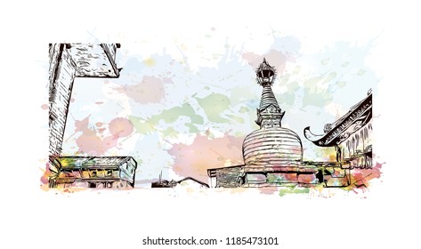 Swayambhunath is an ancient religious architecture atop a hill in the Kathmandu Valley, west of Kathmandu city. Watercolor splash with Hand drawn sketch illustration in vector.