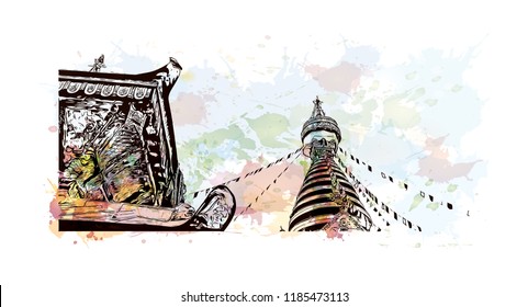 Swayambhunath is an ancient religious architecture atop a hill in the Kathmandu Valley, west of Kathmandu city. Watercolor splash with Hand drawn sketch illustration in vector.