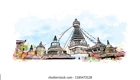 Swayambhunath is an ancient religious architecture atop a hill in the Kathmandu Valley, west of Kathmandu city. Watercolor splash with Hand drawn sketch illustration in vector.
