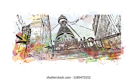 Swayambhunath is an ancient religious architecture atop a hill in the Kathmandu Valley, west of Kathmandu city. Watercolor splash with Hand drawn sketch illustration in vector.