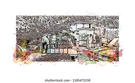 Swayambhunath is an ancient religious architecture atop a hill in the Kathmandu Valley, west of Kathmandu city. Watercolor splash with Hand drawn sketch illustration in vector.