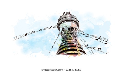 Swayambhunath is an ancient religious architecture atop a hill in the Kathmandu Valley, west of Kathmandu city. Watercolor splash with Hand drawn sketch illustration in vector.