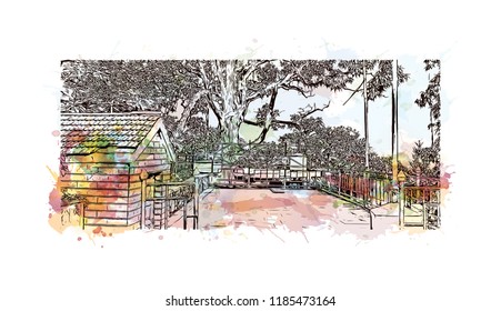 Swayambhunath is an ancient religious architecture atop a hill in the Kathmandu Valley, west of Kathmandu city. Watercolor splash with Hand drawn sketch illustration in vector.