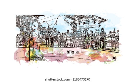 Swayambhunath is an ancient religious architecture atop a hill in the Kathmandu Valley, west of Kathmandu city. Watercolor splash with Hand drawn sketch illustration in vector.