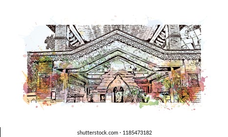 Swayambhunath is an ancient religious architecture atop a hill in the Kathmandu Valley, west of Kathmandu city. Watercolor splash with Hand drawn sketch illustration in vector.