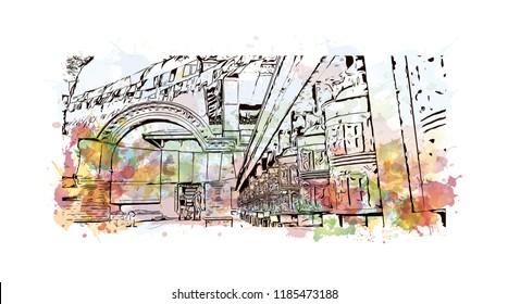 Swayambhunath is an ancient religious architecture atop a hill in the Kathmandu Valley, west of Kathmandu city. Watercolor splash with Hand drawn sketch illustration in vector.
