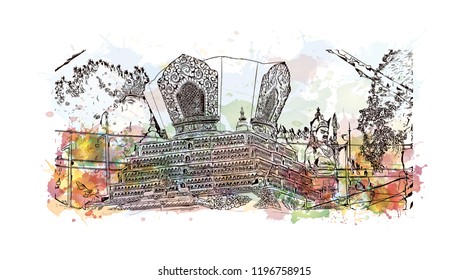 Swayambhunath is an ancient religious architecture atop a hill in the Kathmandu Valley, west of Kathmandu city. Watercolor splash with Hand drawn sketch illustration in vector.